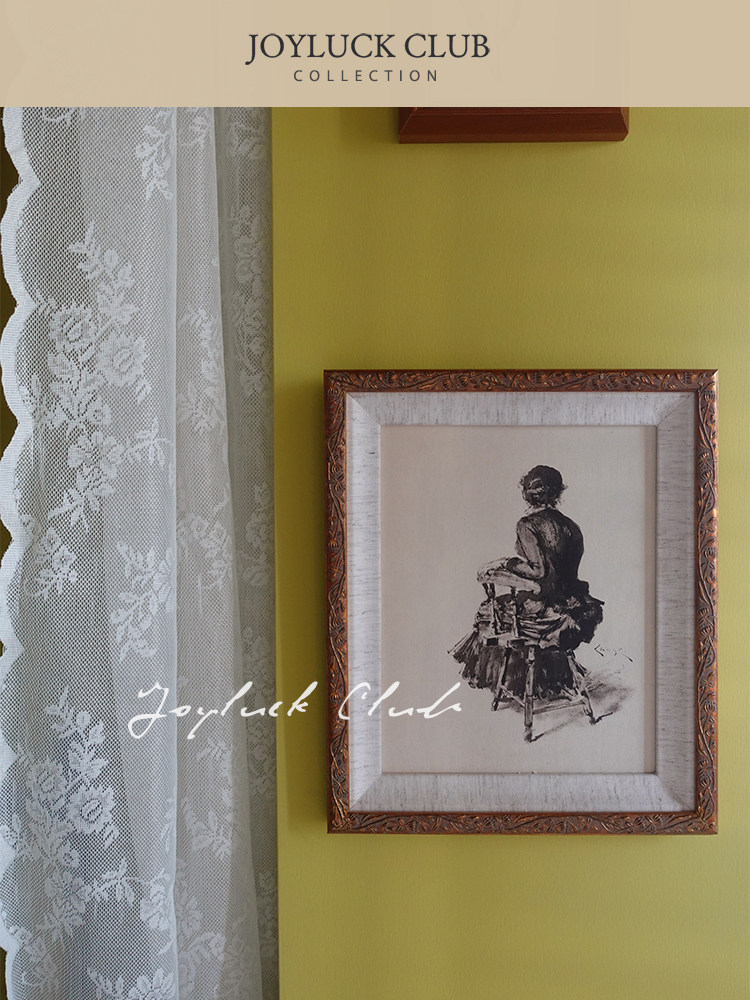 绰约女子背影图法式复古画中古版画钢琴卧室床头柜摆件实木装饰画