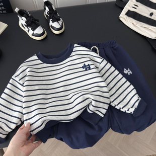 休闲卫衣卫裤 儿童条纹刺绣卫衣套装 男女童韩版 新款 两件套 2025秋季