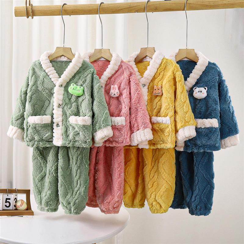 儿童法兰绒睡衣秋冬款厚款加绒男童女童套装女孩保暖家居服套装