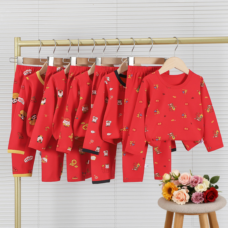 儿童贺岁无骨内衣套装秋冬男孩女孩大红色本命年无骨工艺秋衣秋裤