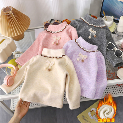 女童秋冬打底衫儿童加绒半高领花边保暖上衣女孩内搭加厚保暖童装