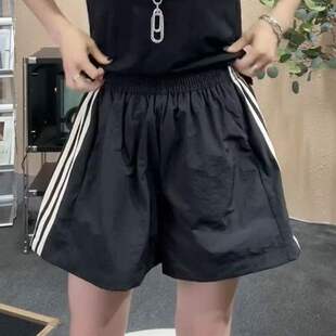 大码三条杠冰丝速干阔腿短裤子女夏季薄款宽松显瘦休闲热裤运动裤