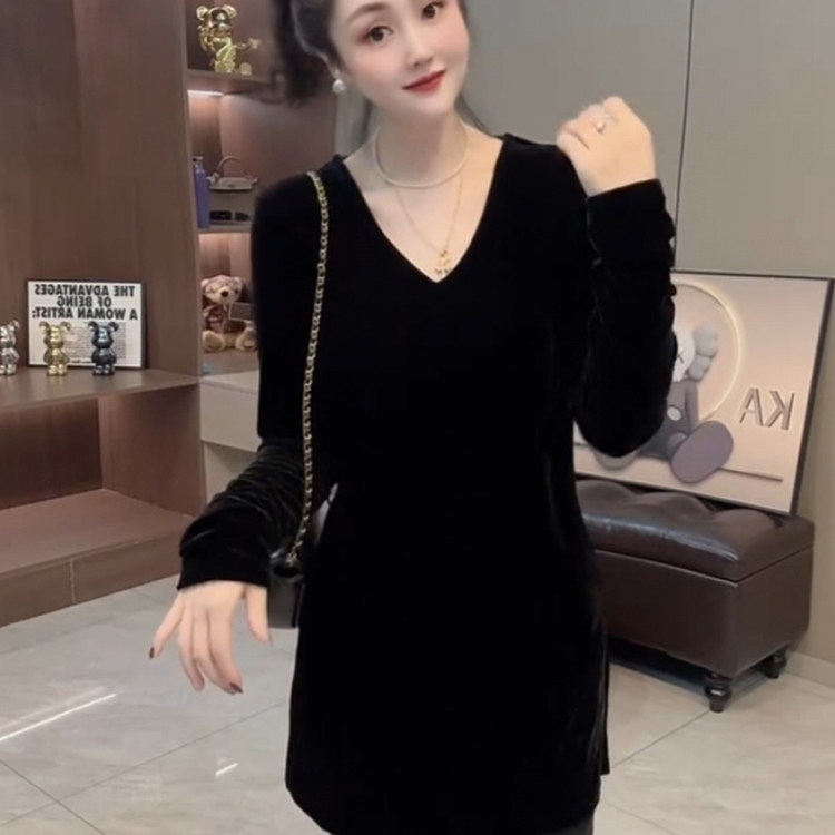 大码胖mm欧货金丝绒v领长袖T恤女春秋冬季中长款内搭打底衫上衣女