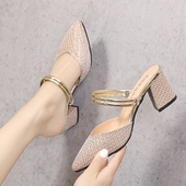 2025春夏款 懒人穆勒半拖鞋 粗跟包头两穿高跟凉拖鞋 女尖头女拖鞋