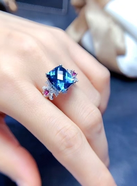 天然伦敦蓝托帕石戒子925指环