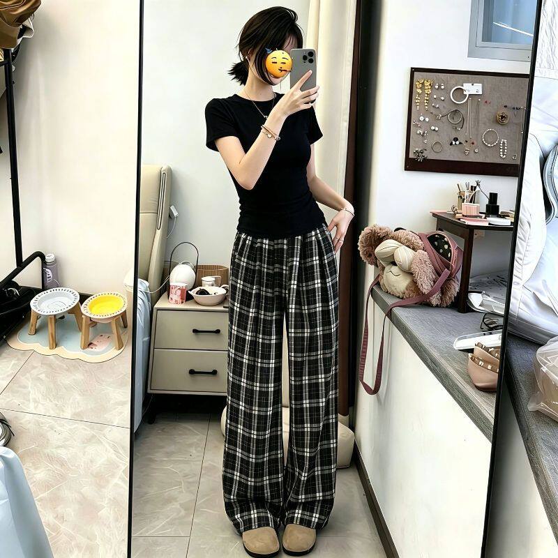 校园高腰格子裤多巴胺复古两件套