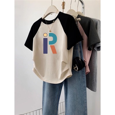 2025新款夏季不规则短款t恤女短袖修身拼接撞色显瘦插肩字母上衣