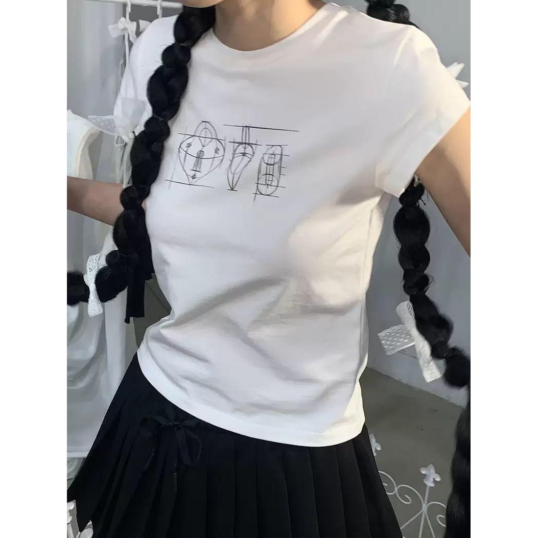 韩国ins小众线条简约印花正肩纯棉修身显瘦学生高弹舒适短袖T恤女