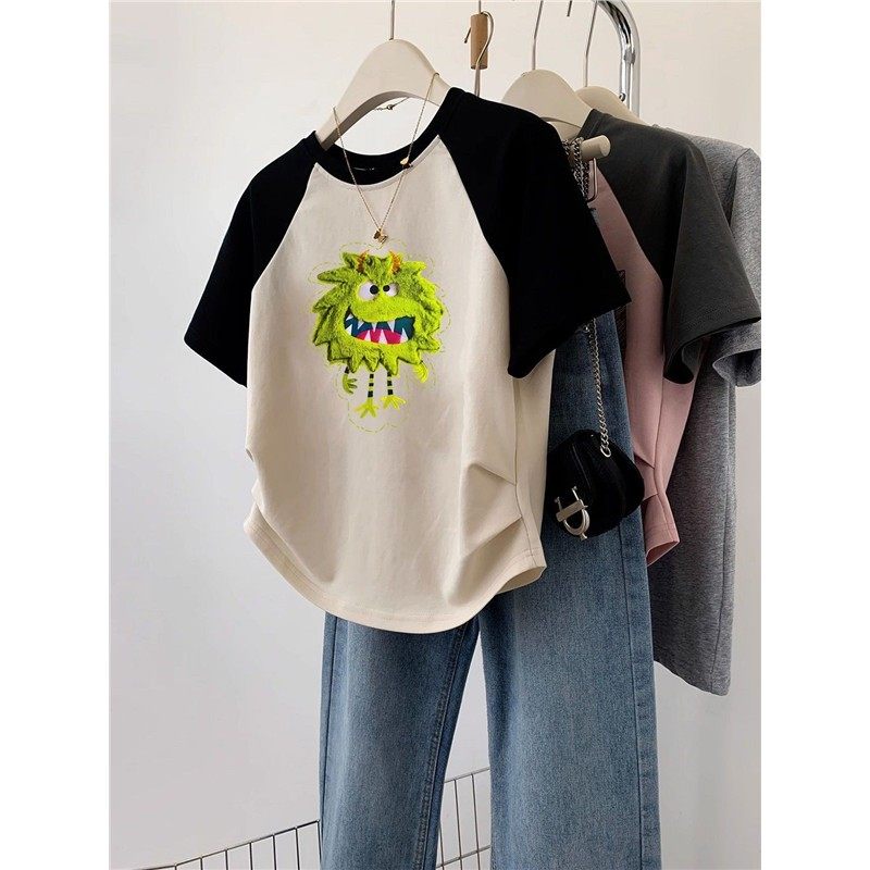 插肩袖卡通印花圆领短袖t恤女夏季2025新款褶皱收腰显瘦辣妹上衣