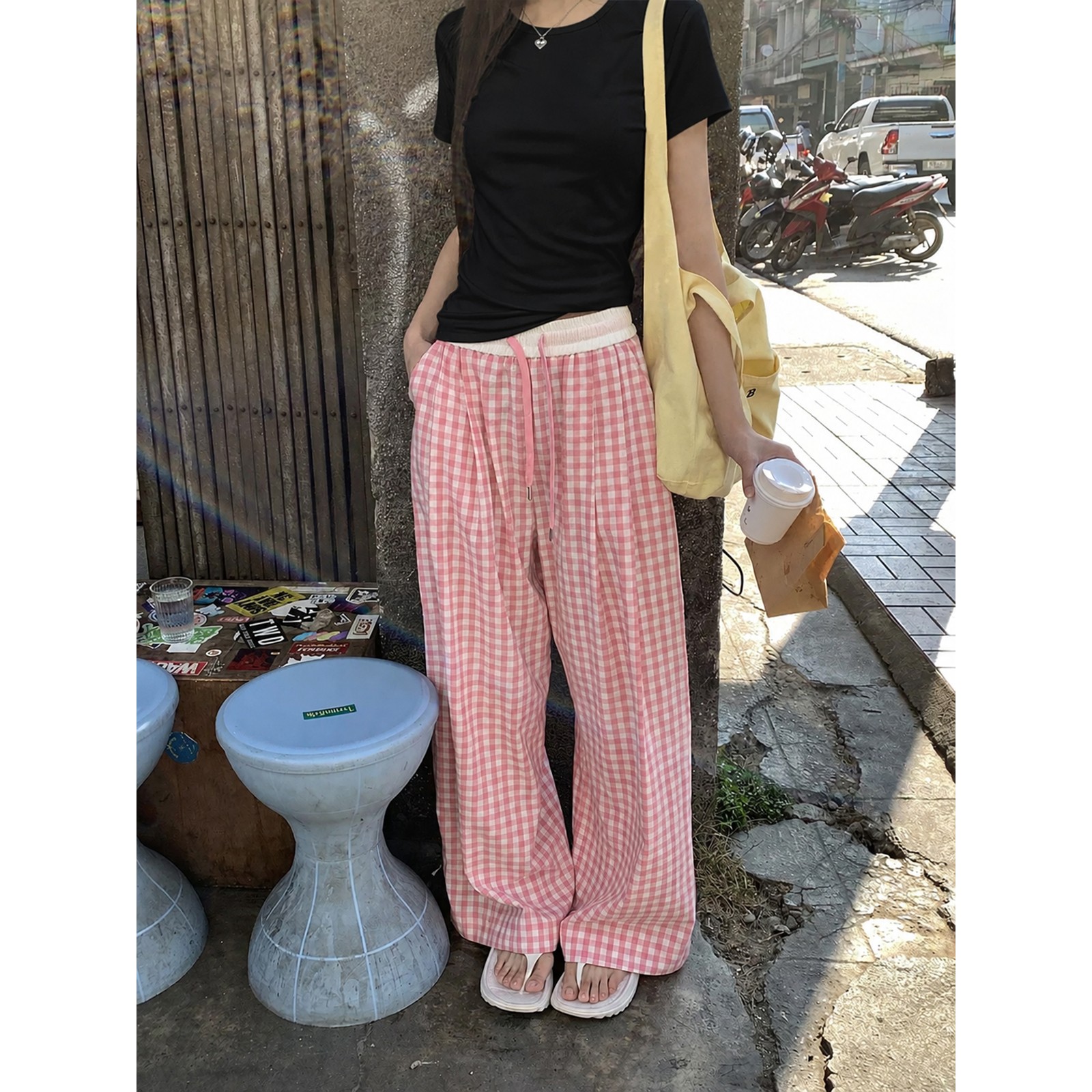 夏日少女显高修身格子裤两件套
