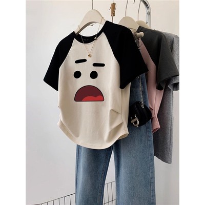 2025新款夏季不规则印花t恤女短袖修身拼接撞色显瘦插肩趣味上衣