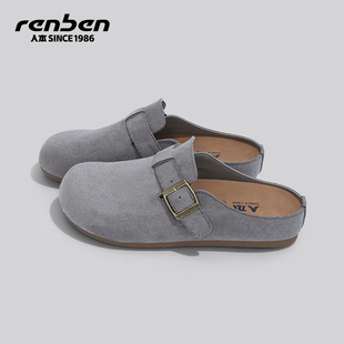 人本灰色勃肯鞋女2026春夏季新款内增高平底轻便不累脚懒人半拖鞋