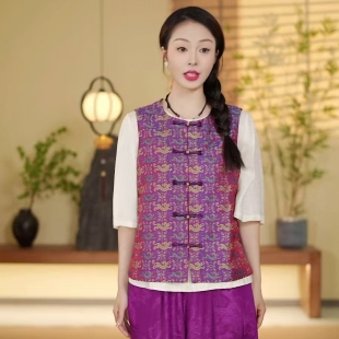 凤轩阁 桑蚕丝豹子百花纹蜀锦马甲88417 新款