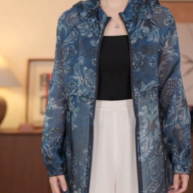 凤轩阁 100桑蚕丝缂丝连帽一手长风衣外套JSYC12468