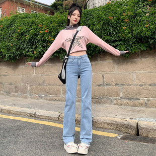 直筒宽松复古拖地老爹裤 浅蓝&高腰垂感阔腿弹力牛仔裤 女初秋新款