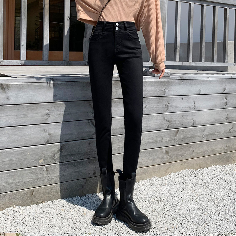 黑色高腰小脚裤女秋季新款百搭双排竖扣紧身显瘦九分牛仔铅笔裤
