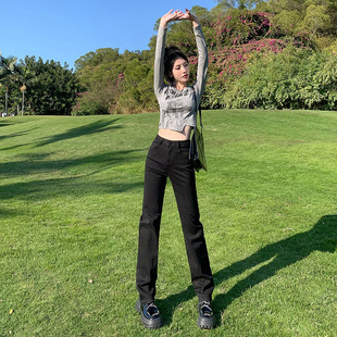 直筒宽松复古拖地老爹裤 黑色&高腰垂感阔腿弹力牛仔裤 女初秋新款