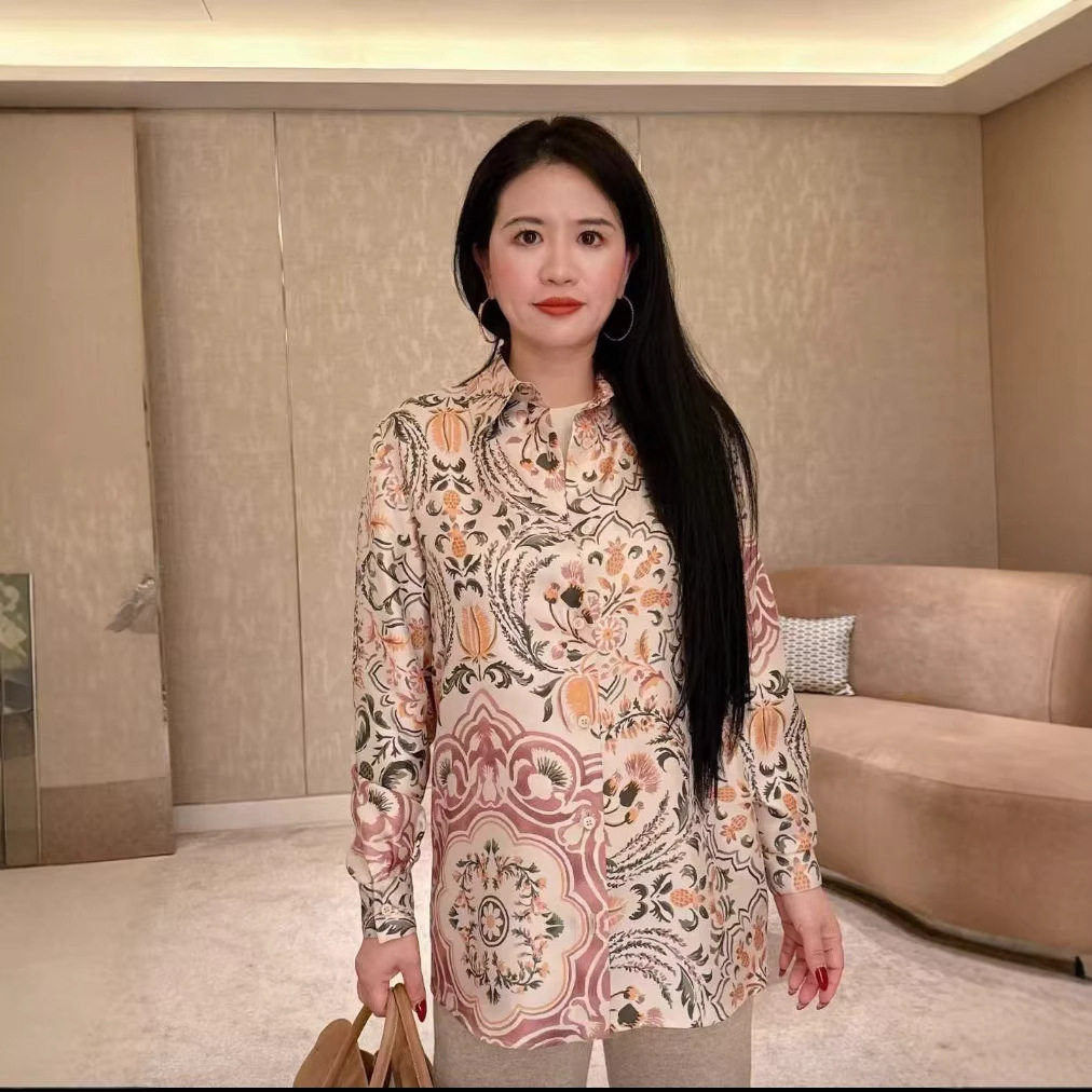 深圳南油老钱风LP重磅桑蚕丝斜纹绸印花长袖衬衫新款翻领真丝印花