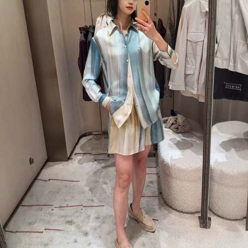 深圳南油老钱风LP真丝水墨印花衬衫LP真丝暄染油画印花衬衫桑蚕丝