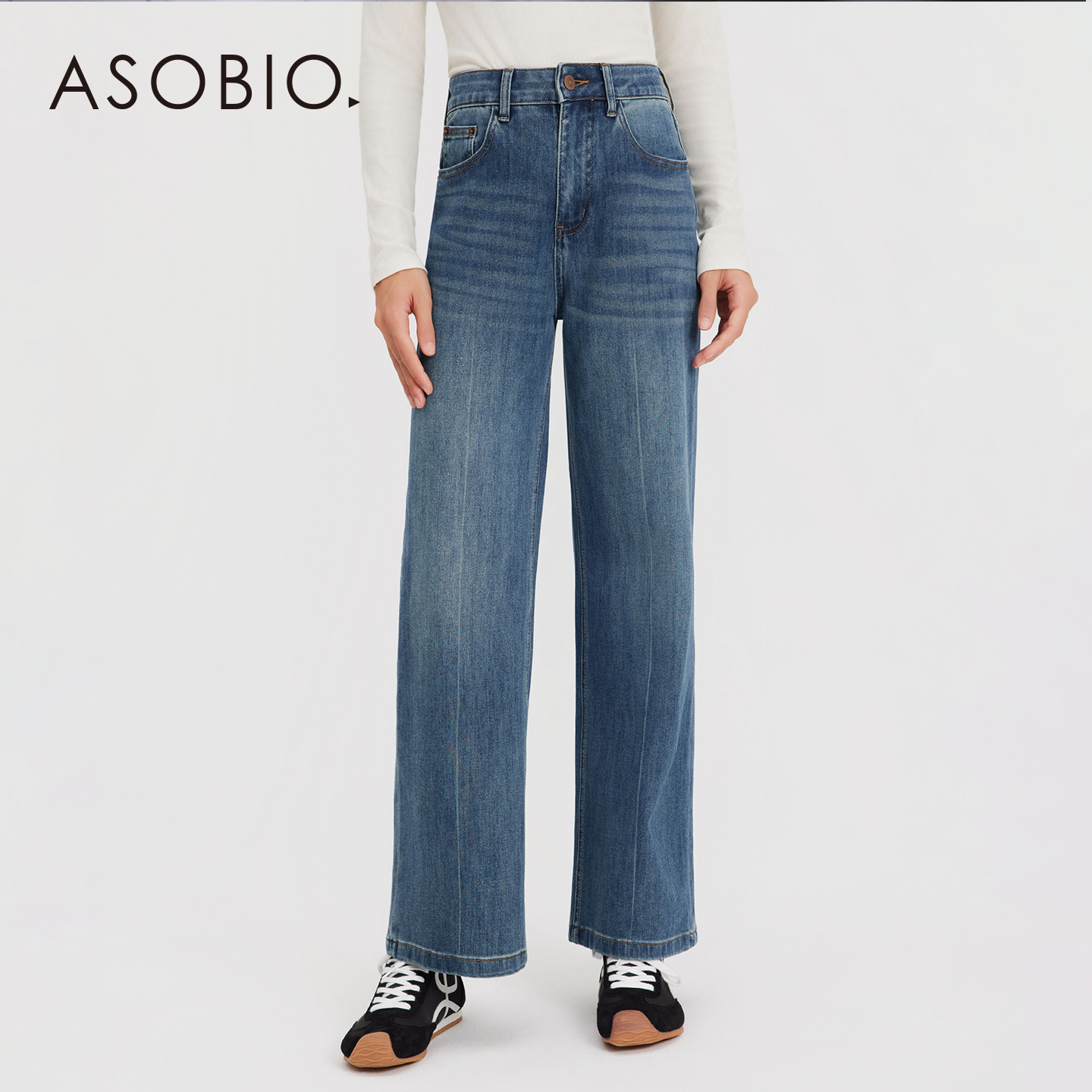 Asobio复古高腰牛仔阔腿裤2025秋季通勤休闲复古时髦显瘦裤子217
