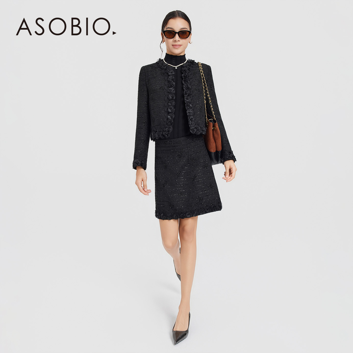 Asobio闪丝粗花呢圆领小香风外套半身裙套装2025冬季新品363/364