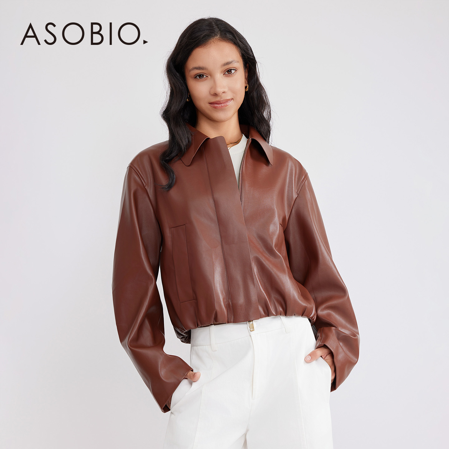 Asobio设计感翻领PU皮衣夹克2025秋季通勤休闲复古短外套女装277