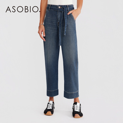 Asobio复古水洗牛仔直筒裤女2025秋冬翻边裤脚裤子长裤附腰带306