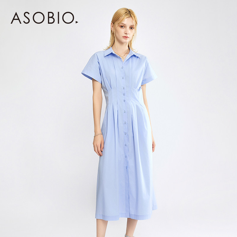 Asobio衬衫式翻领连衣服裙夏季新款法式多排扣收腰休闲长裙女040