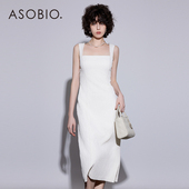Asobio夏季 侧开衩微弹宽肩中长吊带长裙969 优雅连衣裙修身