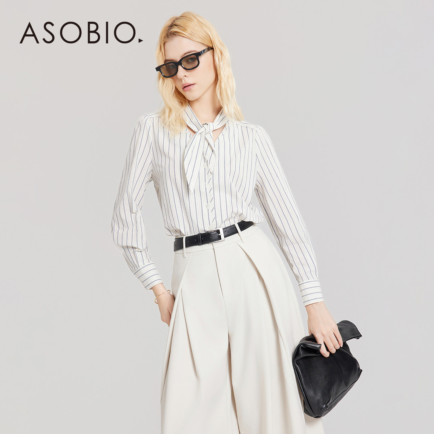 Asobio2026春新品法式条纹衬衫知性通勤百搭系带蝴蝶结V领衬衣462