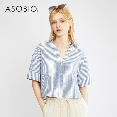Asobio夏季V领亚麻条纹衬衫女上衣灯笼袖休闲百搭宽松短袖衬衣109