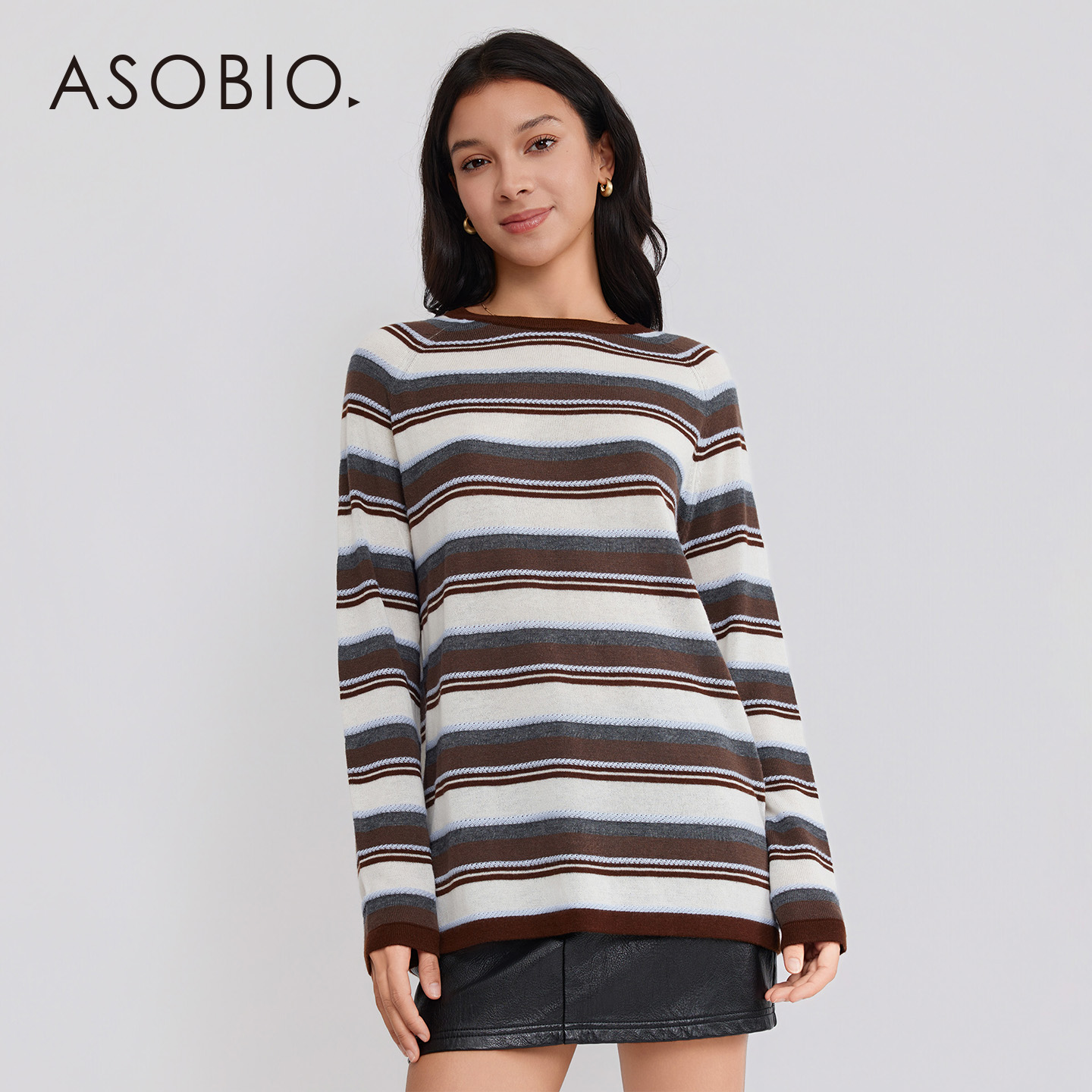 '羊毛'Asobio休闲撞色条纹宽松修身圆领毛衫2025秋新品上衣女322