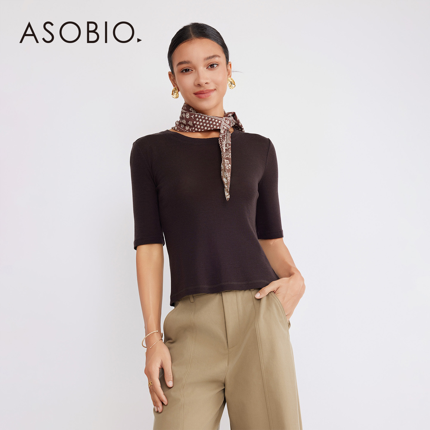 Asobio印花丝巾搭配羊毛T恤上衣2025秋季新品时尚气质简约女装304