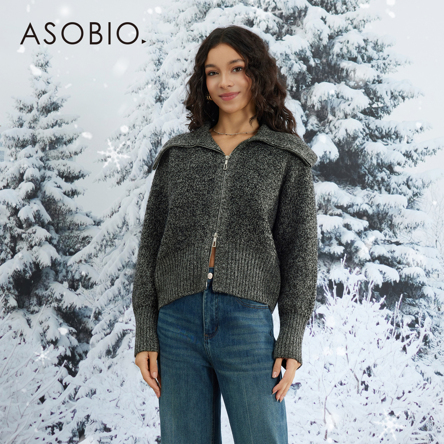 Asobio羊毛双头拉链大翻领针织衫2025冬季新品翻领毛衣外套女382