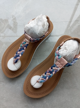 夹脚凉鞋外贸大牌波西米亚彩编松紧带厚底人字凉鞋女大码41424344