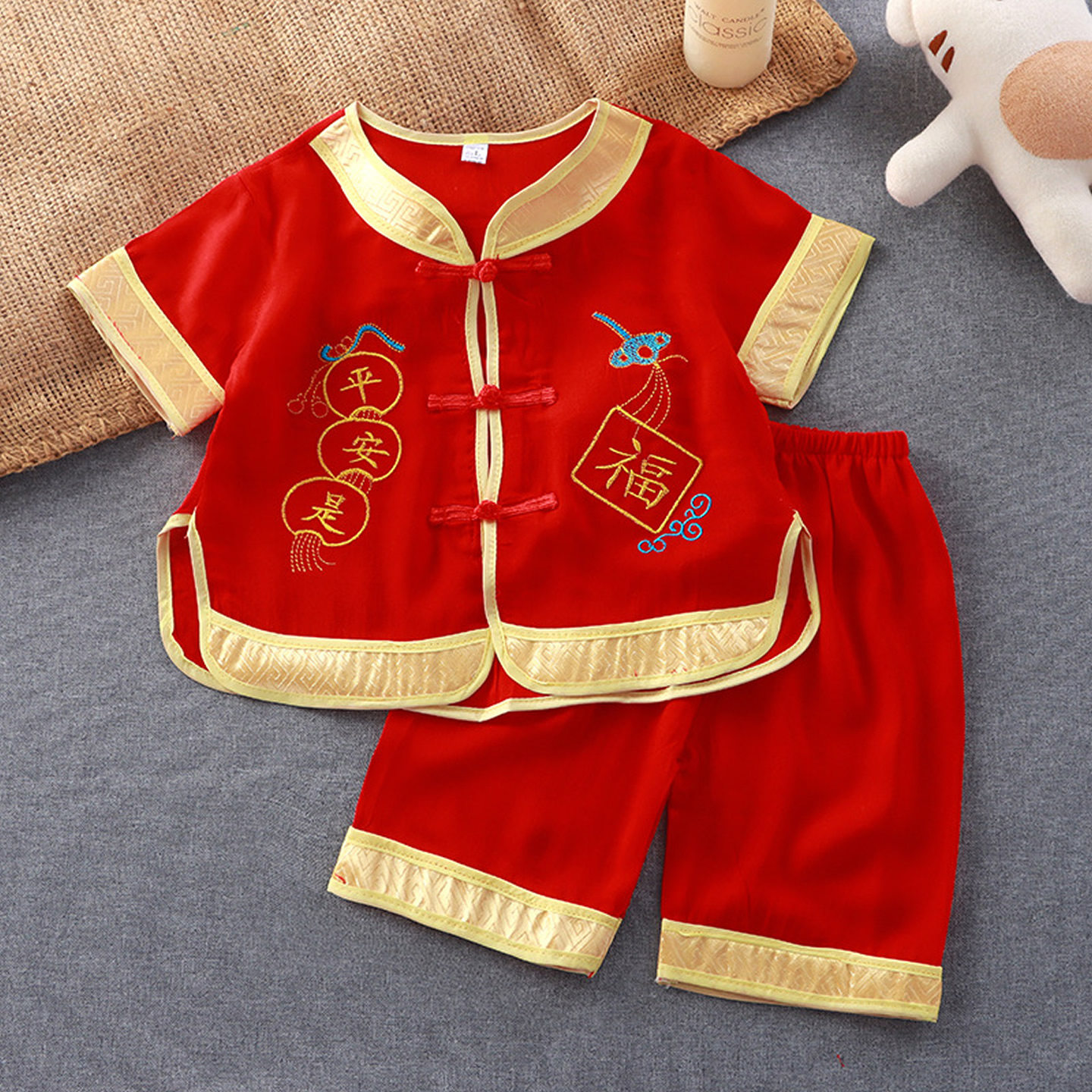新中式宝宝抓周服短袖开衫套装