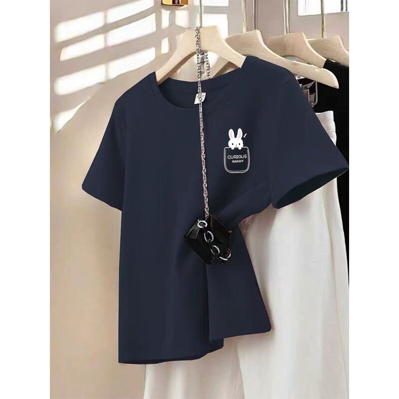 藏青色正肩短袖t恤女夏季修身显瘦圆领体恤衫洋气小兔子印花上衣
