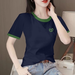 时尚 正肩短袖 修身 t恤女2025年夏季 体恤撞色拼接圆领印花上衣 新款