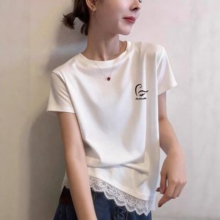显瘦小衫 白色正肩短袖 修身 韩版 洋气拼接蕾丝花边上衣 t恤女士夏季