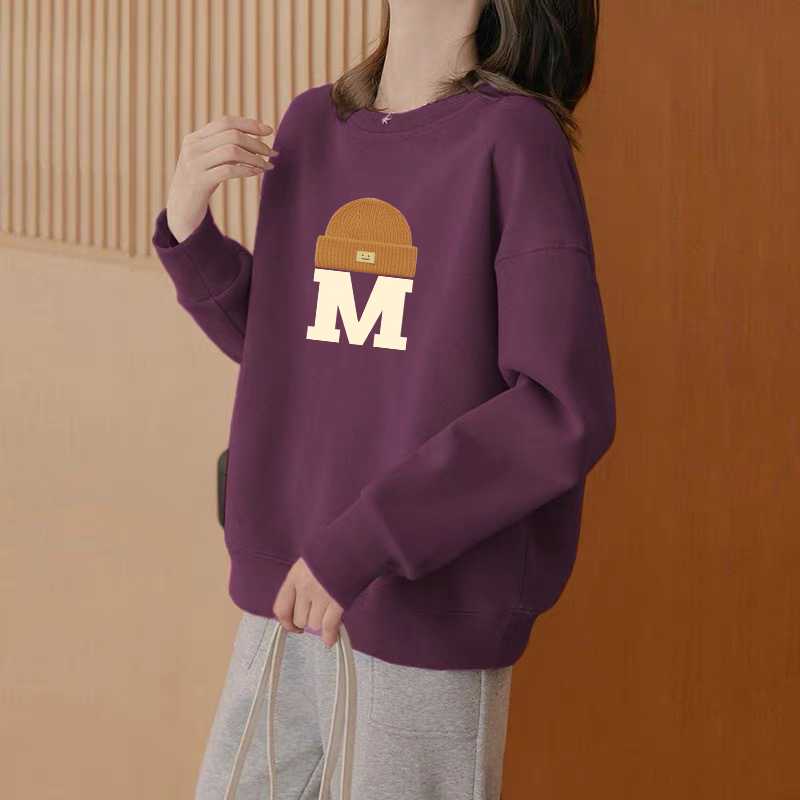 葡萄紫圆领卫衣女秋冬加绒加厚长袖韩版宽松休闲百搭印花无帽上衣