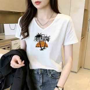 半袖 白色v领短袖 宽松大码 韩版 体恤休闲印花竹节纯棉上衣 t恤女夏季