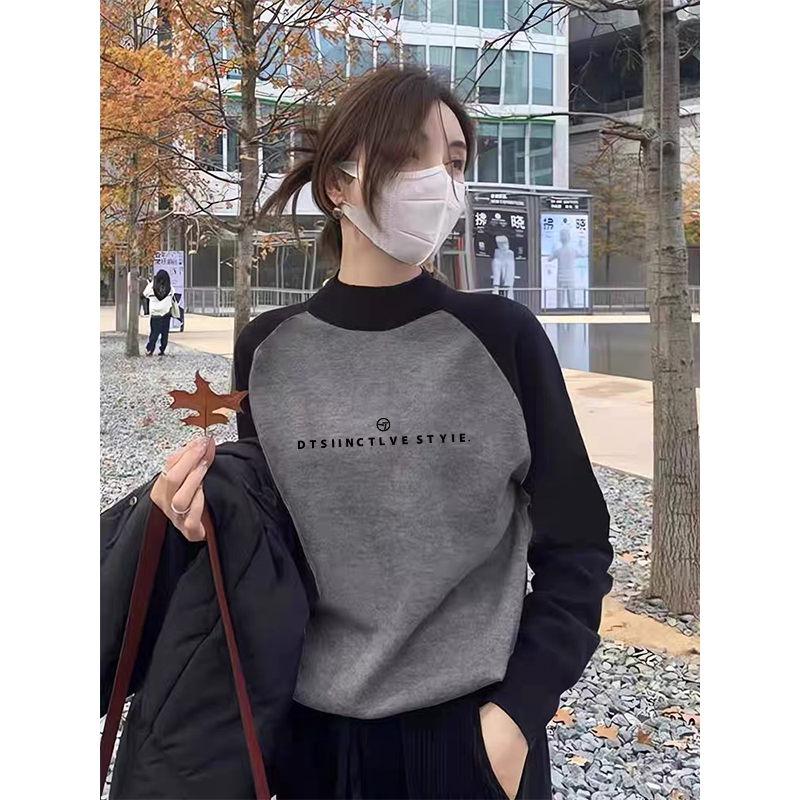 德绒保暖打底衫女秋冬季内搭修身半高领长袖t恤洋气时尚撞色上衣