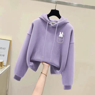 外套加绒加厚设计感上衣 宽松套头长袖 香芋紫连帽衫 卫衣女秋冬韩版