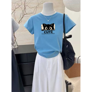 显瘦体恤衫 海蓝色正肩短袖 修身 韩版 卡通印花上衣ins潮 t恤女士夏季