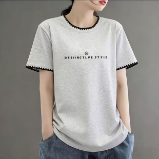 显瘦字母印花体恤小衫 修身 设计感撞色圆领上衣 t恤女夏季 正肩短袖