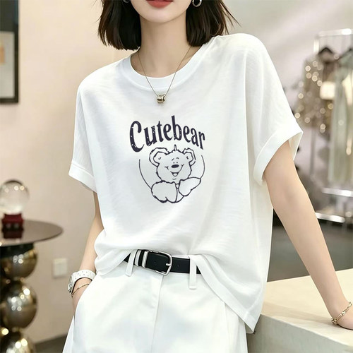 2026夏季圆领竹节棉短袖t恤女士卡通印花体恤衫宽松大码纯棉上衣