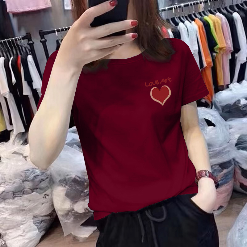 正肩红色短袖t恤女士夏季新款修身显瘦时尚印花体恤圆领打底上衣