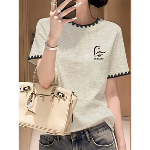 显瘦设计感小众体恤衫 修身 撞色圆领洋气上衣 t恤女士夏季 正肩短袖