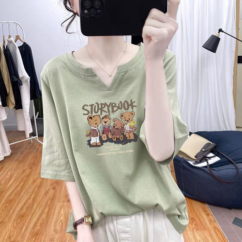 小v领短袖t恤女装夏季韩版宽松大码体恤卡通印花正肩纯棉上衣ins