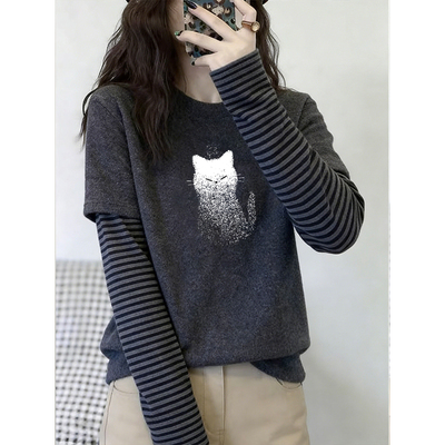 撞色拼接假两件打底衫女春秋内搭长袖t恤宽松设计感猫咪印花上衣